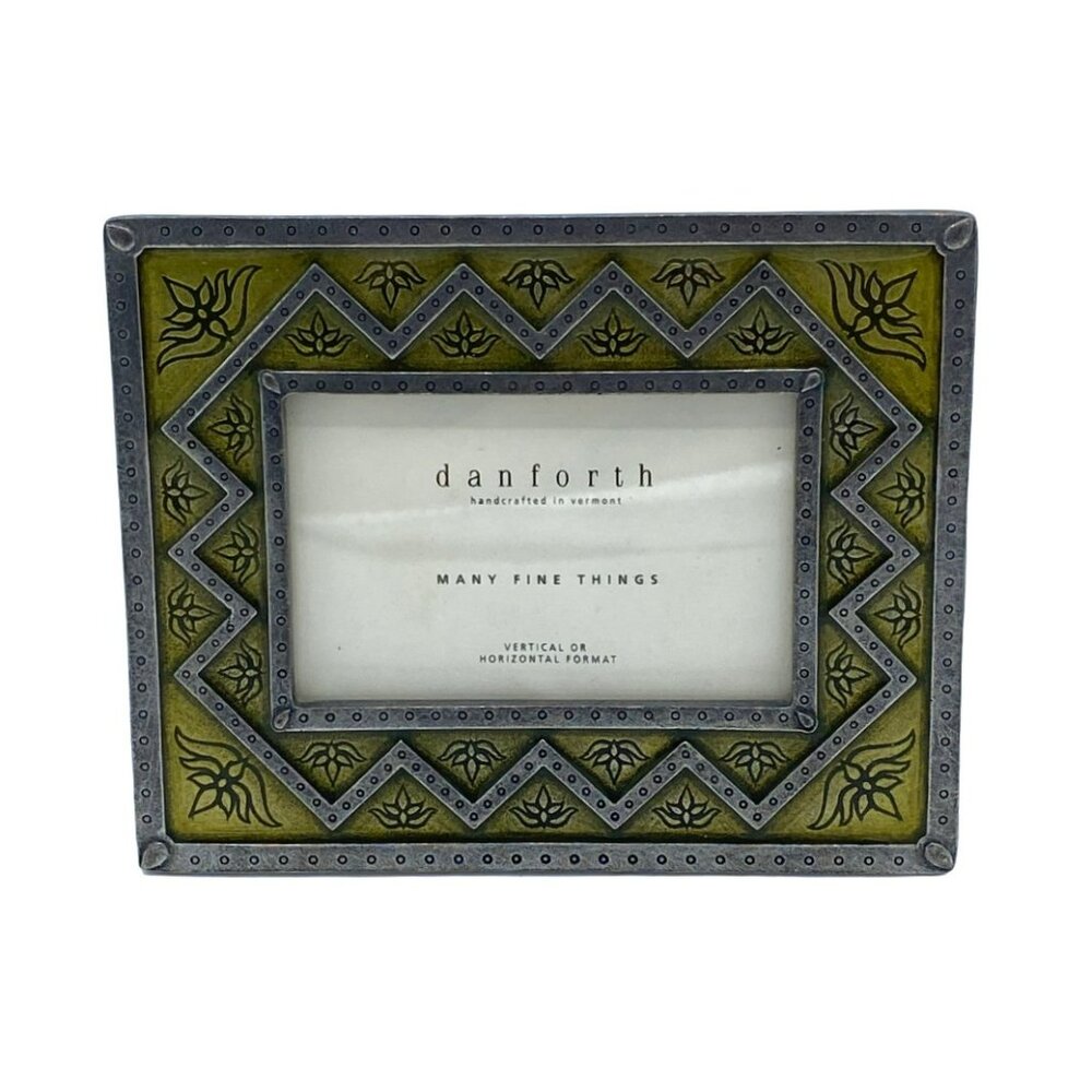 VTG Danforth Pewter Handmade Frame Art Deco Geometry Floral Gold Acrylic 3" x 2"